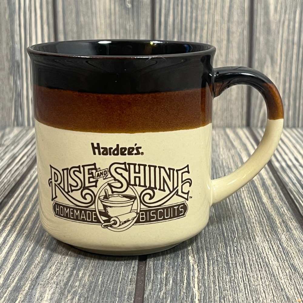 Hardees Coffee‎ Mug Brown Vintage 1989 Rise and Shine Biscuits Retro Cabin Lodge